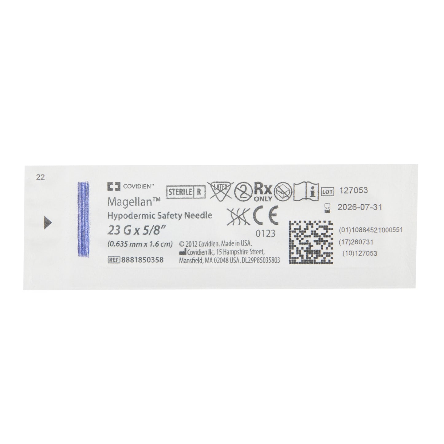 Magellan Hypodermic Safety Needle Integrated Safety Shield 23 Gauge x 5/8" L, One Handed Design, Blue, Ultra-sharp, Sterile