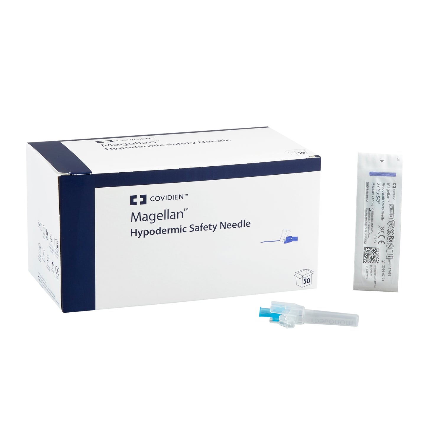 Magellan Hypodermic Safety Needle Integrated Safety Shield 23 Gauge x 5/8" L, One Handed Design, Blue, Ultra-sharp, Sterile