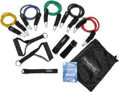 Official RangeMaster FitRanger Resistance & Exercise Bands Set for Home, Office, Gym Workouts & Physical Therapy | Include: Bands, Handles, Instruction Booklet, Carry Bag, Door Anchor & Ankle Straps