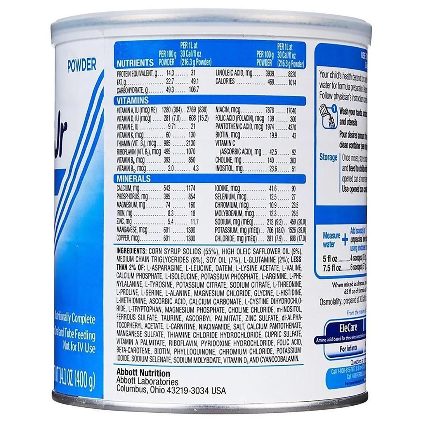 EleCare Jr Nutritionally Complete Amino Acid-Based Unflavored Medical Food Powder, 400g Can