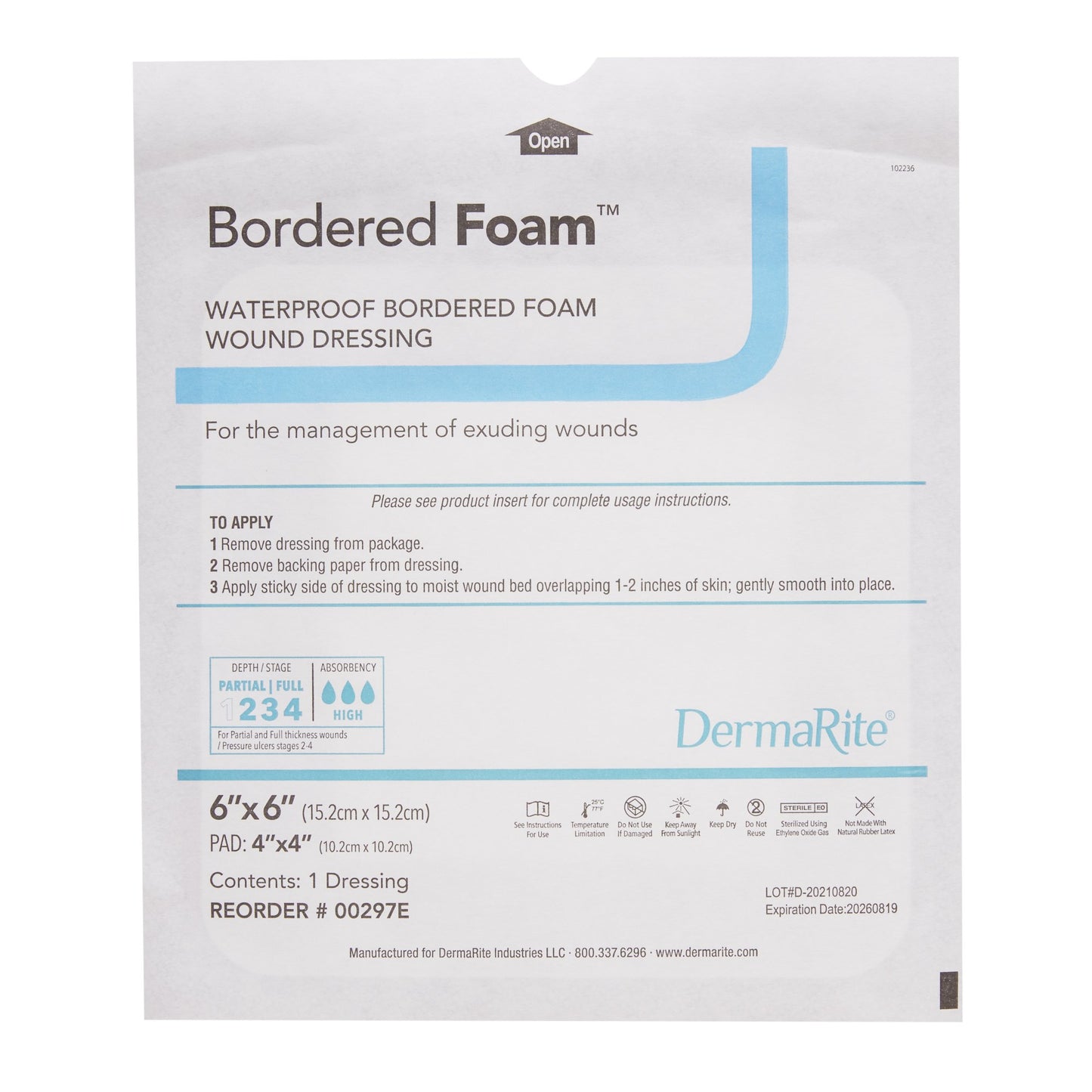 DermaRite Bordered Foam Waterproof Wound Dressing, 6" x 6" - 00297E