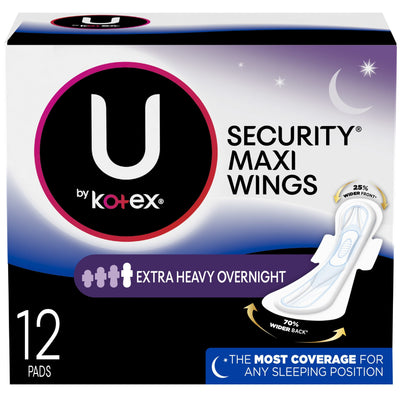 U by Kotex Security Feminine Maxi Pad with Wings, Overnight, Extra Heavy, Unscented, 12 Count- KatyMedSolutions