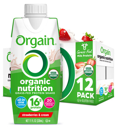 Orgain Organic Nutrition Shake, Grass Fed Protein, Strawberries & Cream 11oz,12ct - KatyMedSolutions