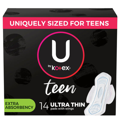 U by Kotex Teen Ultra Thin Feminine Pads with Wings, Extra Absorbency, Unscented, 14 Count- KatyMedSolutions