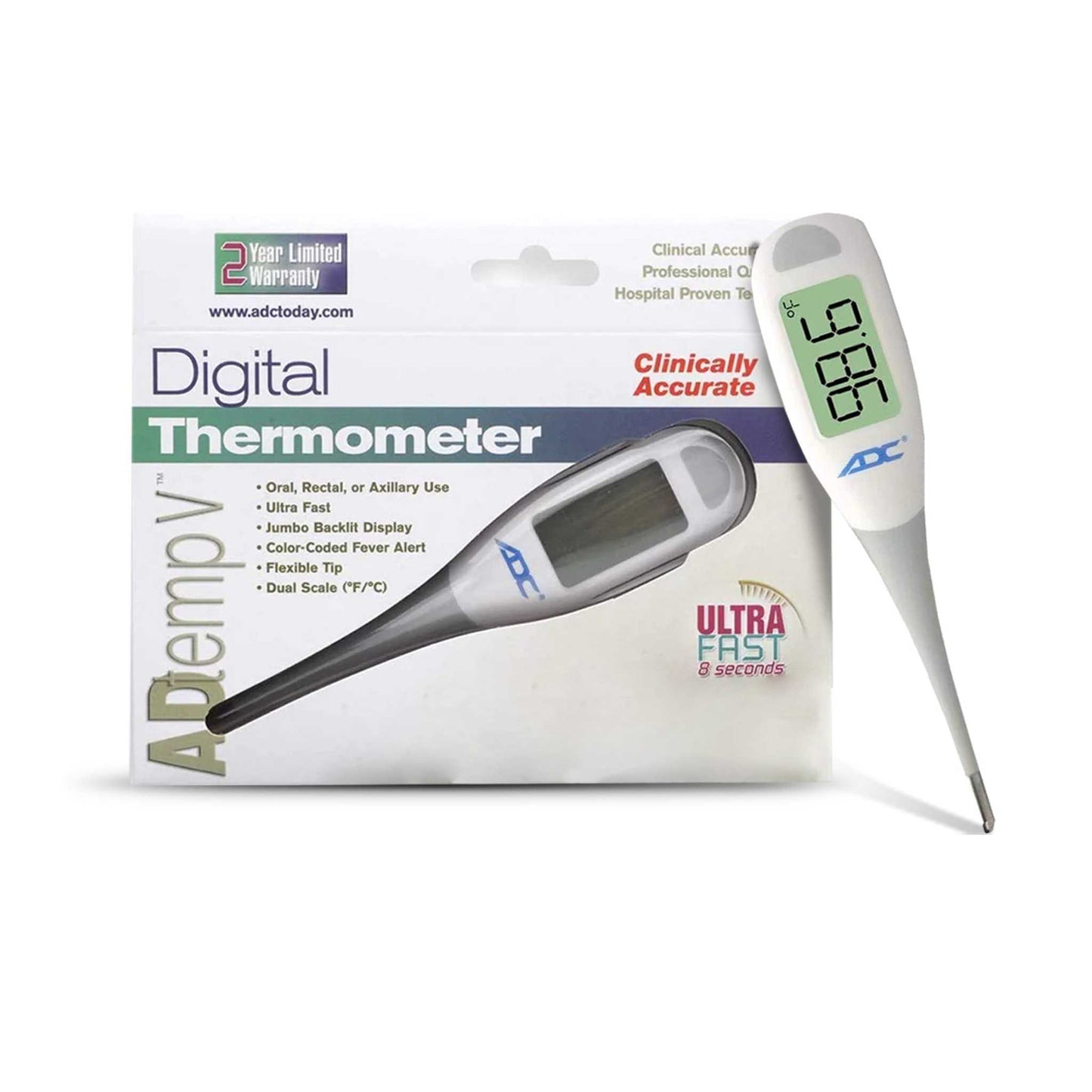 ADC Fast Read Digital Thermometer, Flexible Tip and Large Quick Read LCD Display with Color-coded Backlighting , White - 418N