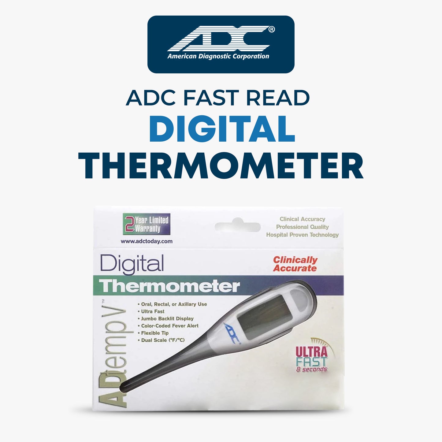 ADC Fast Read Digital Thermometer, Flexible Tip and Large Quick Read LCD Display with Color-coded Backlighting , White - 418N