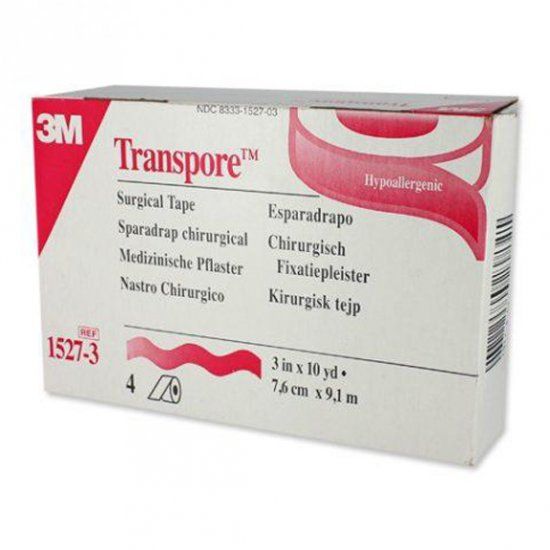 3M Transpore Standard Hypoallergenic Porous Plastic Surgical Tape, 3" x 10 yds