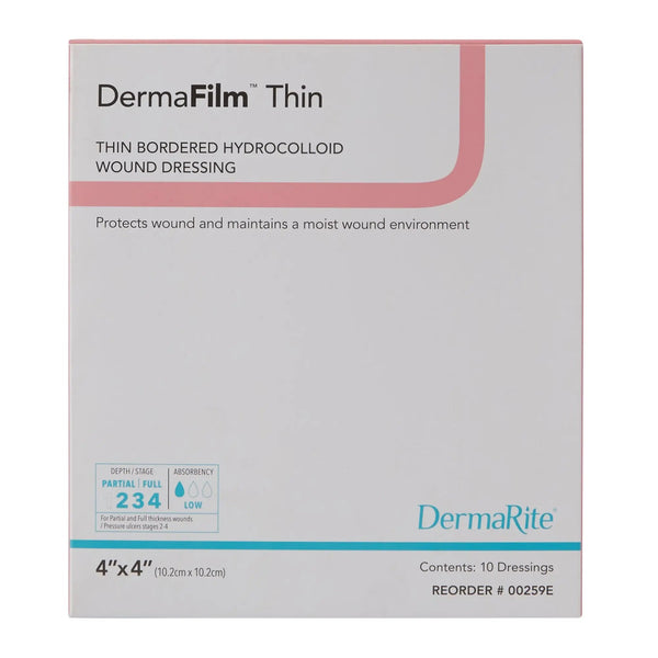 DermaFilm Thin Hydrocolloid Dressing 4 X 4 Inch Square With Border