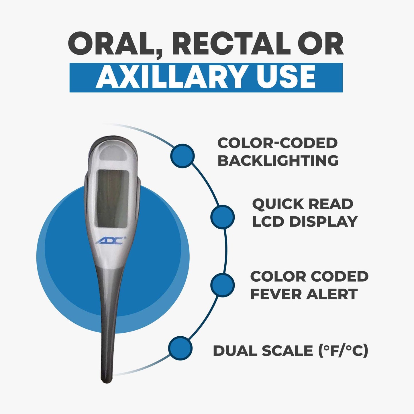 ADC Fast Read Digital Thermometer, Flexible Tip and Large Quick Read LCD Display with Color-coded Backlighting , White - 418N