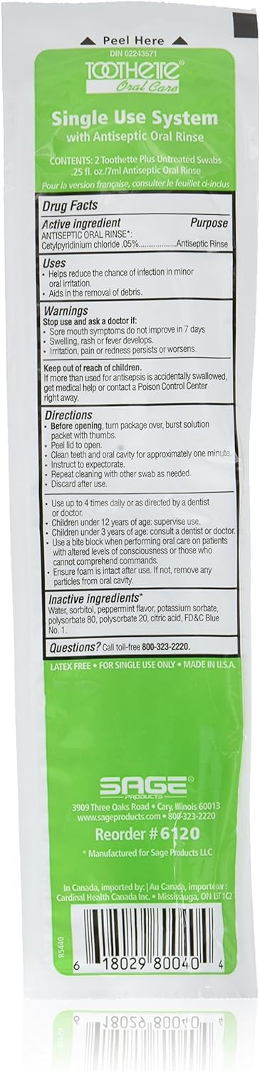 Sage Products Toothette Plus Swab with Alcohol-Free Mouthwash