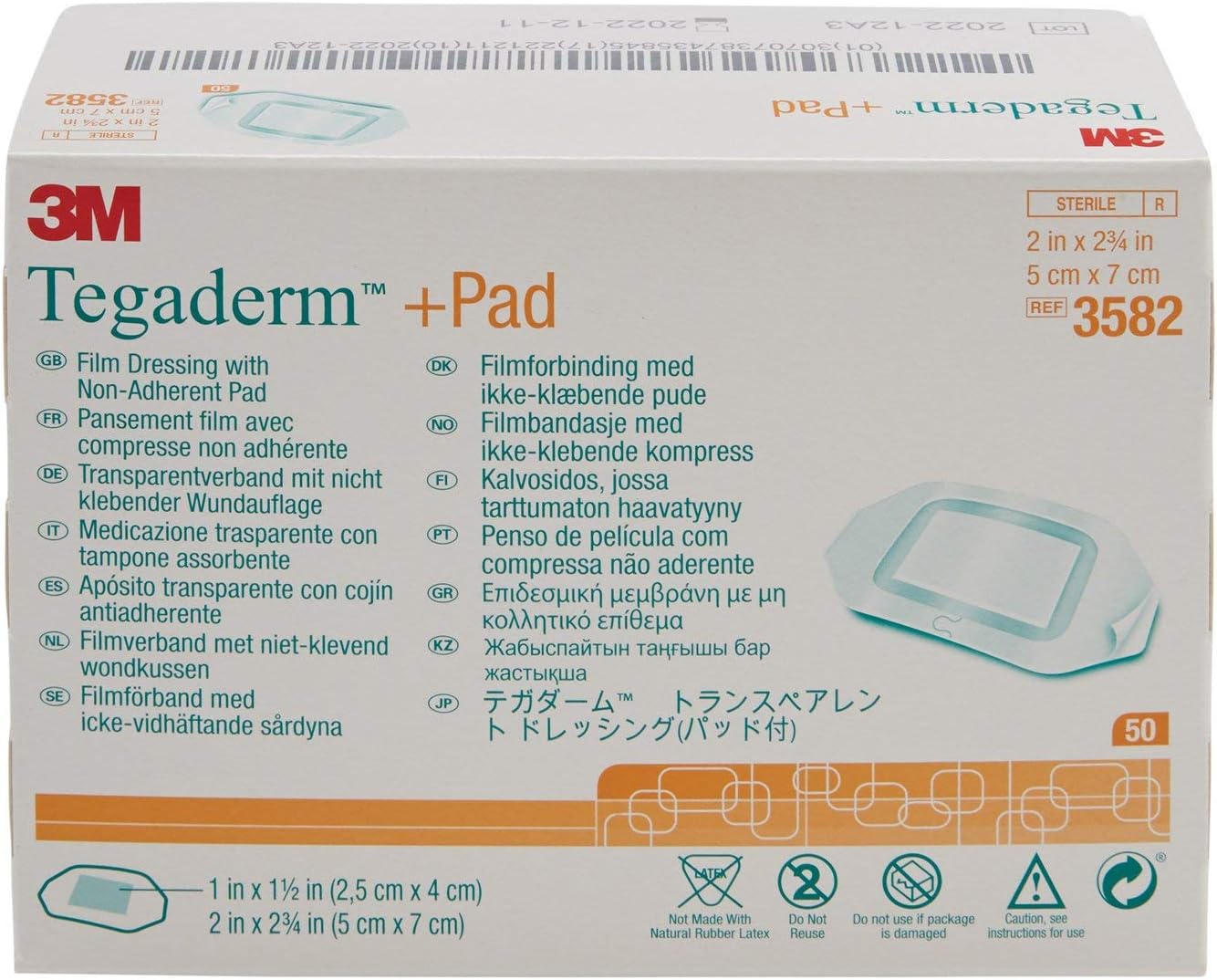 3M Tegaderm Film Dressing with Non Adherent Pad, Waterproof, Sterile 2" x 2-3/4"