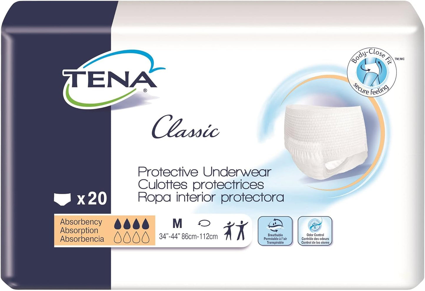Tena Classic Protective Underwear, Medium, 34" to 47" Waist