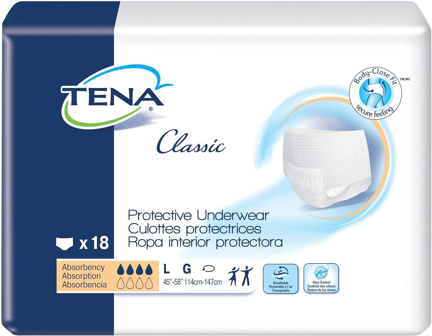 Tena Classic Protective Underwear, Large 48" to 59" Waist