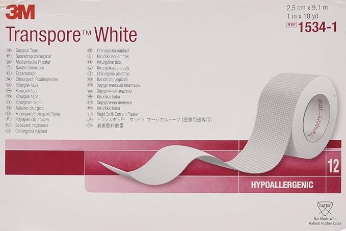 3M Transpore Hypoallergenic Surgical Tape, White, Water Resistant, Latex Free 1" x 10 yds