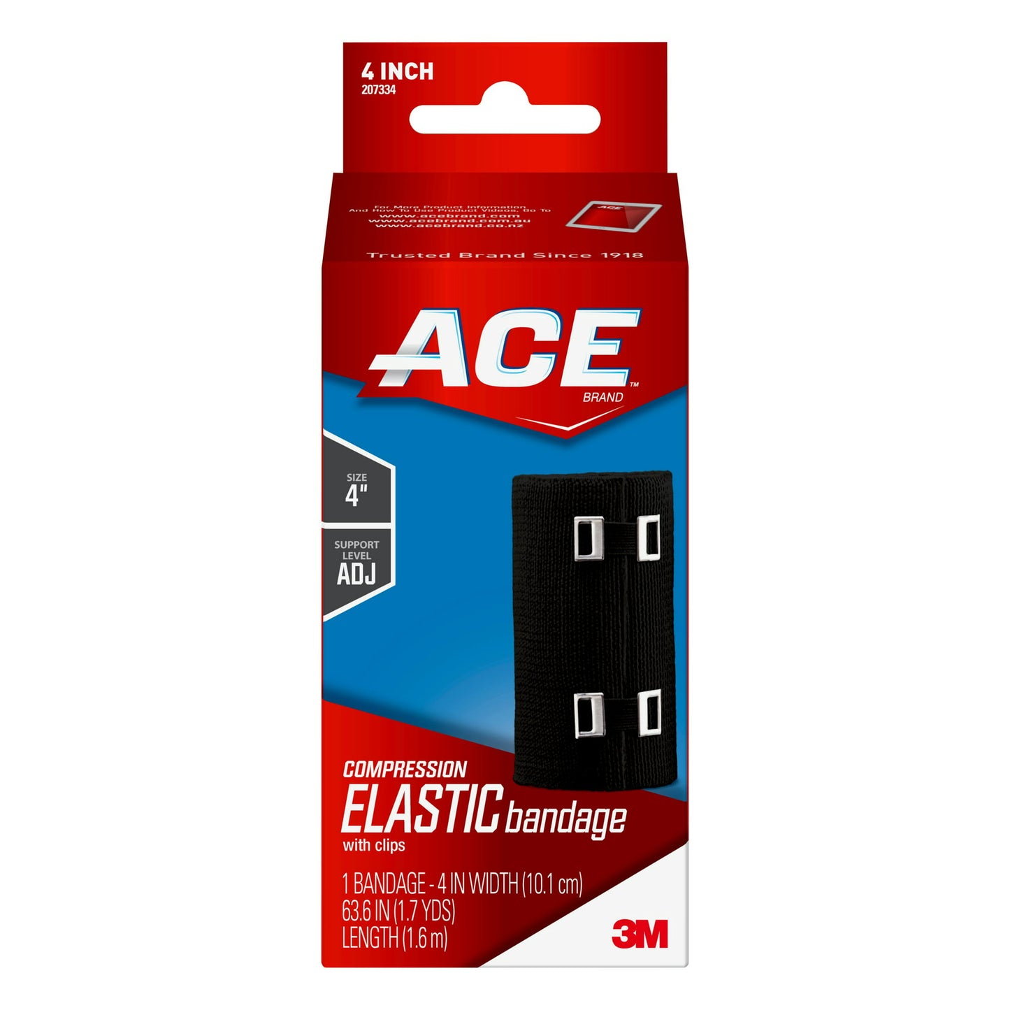 3M Ace Elastic Bandage, with Metal Clip, 4'' x 63.6'' Black