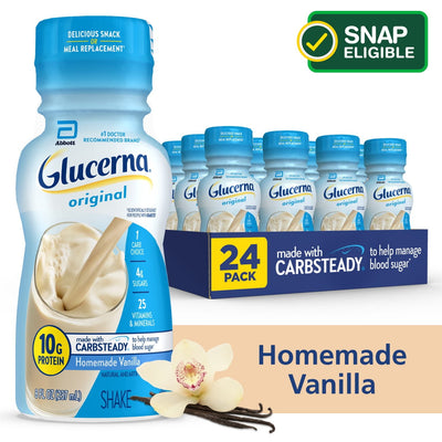Glucerna Nutritional Shake, Diabetic Drink to Support Blood Sugar Management, 10g Protein, 180 Calories, Homemade Vanilla, 8-fl-oz Bottle, 24 Count- KatyMedSolutions
