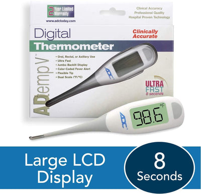 ADC Fast Read Digital Thermometer, Flexible Tip and Large Quick Read LCD Display with Color-coded Backlighting , White - 418N- KatyMedSolutions