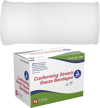 Dynarex 3103 Non Sterile Stretch Gauze Bandage Roll, 3" x 4.1yard, Pack of 12- KatyMedSolutions