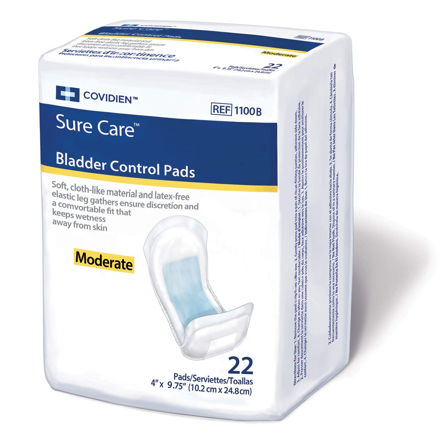 Covidien 1100B Sure Care Bladder Control Pad, Moderate Absorbency, 4" x 9-3/4" Size, Pack of 22- KatyMedSolutions