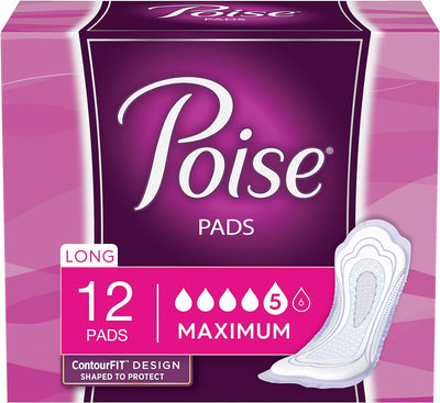 Poise Incontinence Pads, Maximum Absorbency, Long, 12 ct- KatyMedSolutions