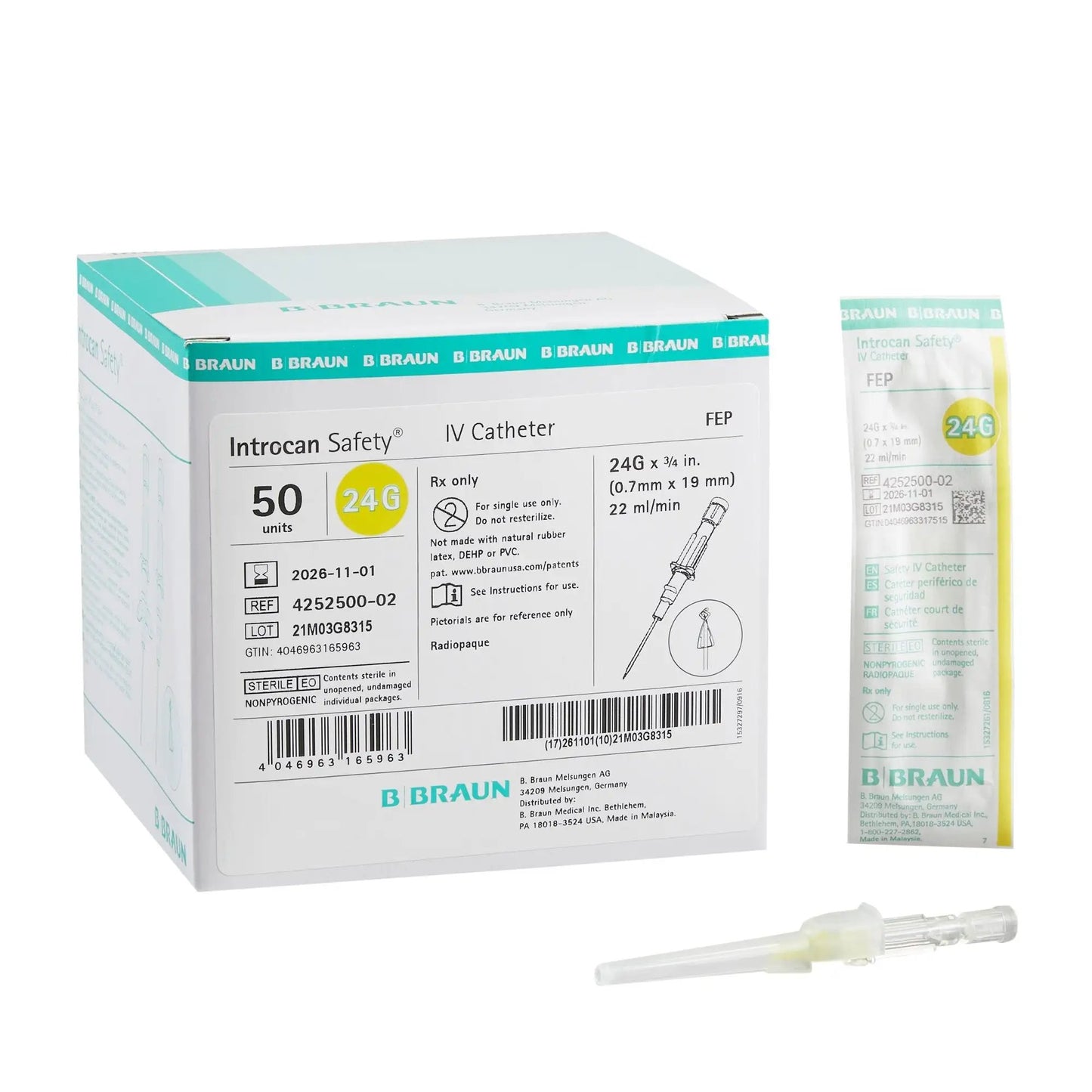 B. Braun Introcan Safety Peripheral IV Catheter, 24 Gauge, Straight