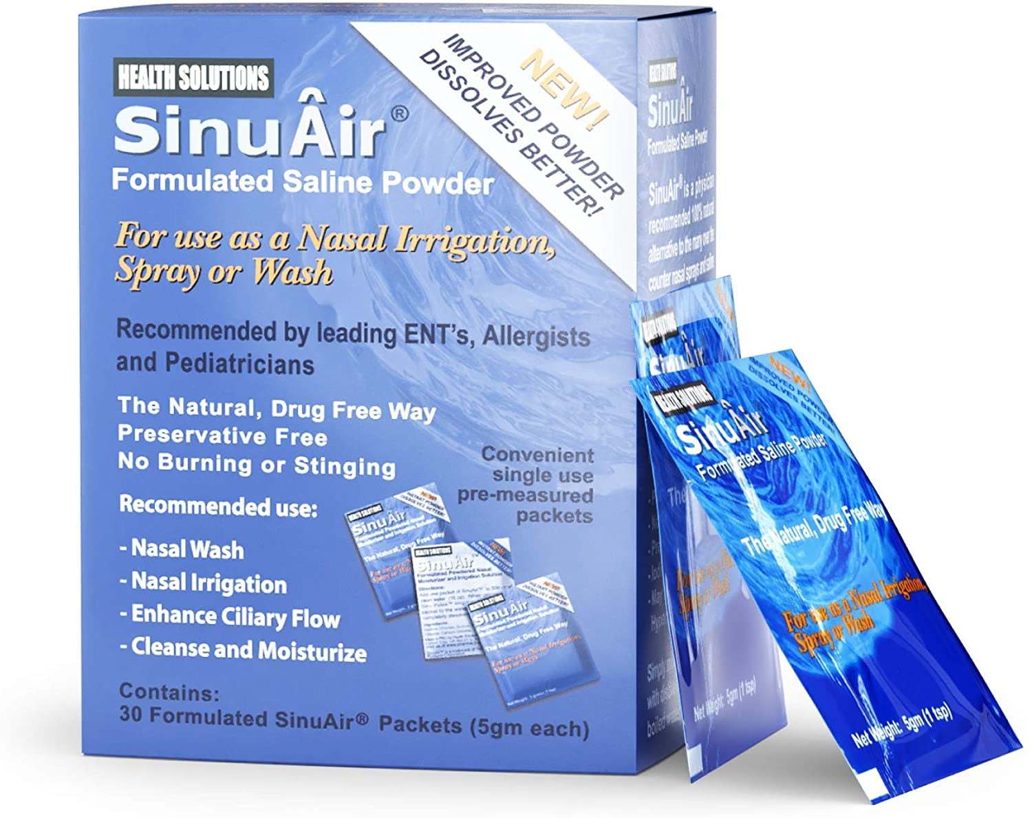 Health Solutions SinuAir Formulated Powdered Nasal Moisturizer and Irrigation Solution, 5 mg, 30 ct- KatyMedSolutions