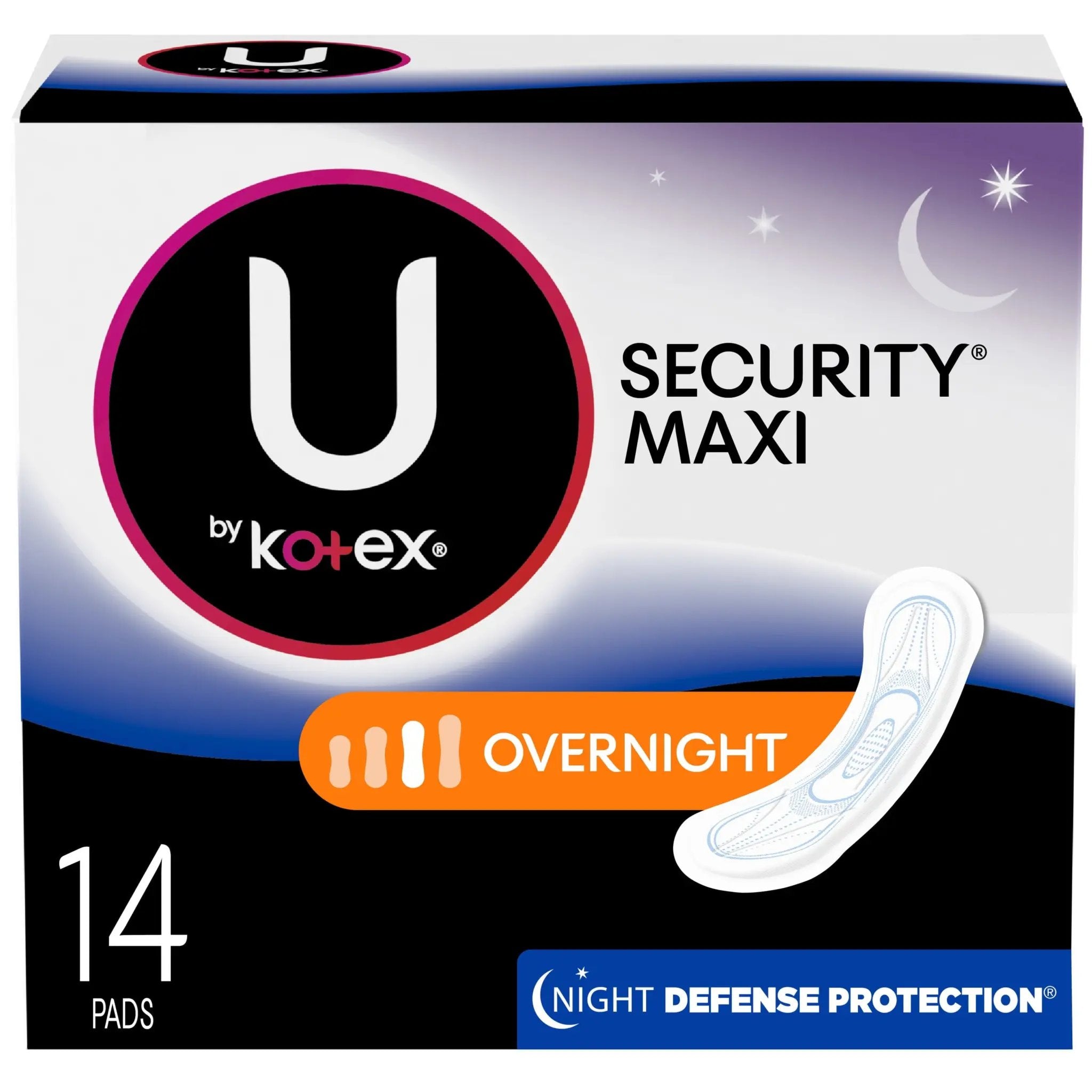 U by kotex security pads, overnight absorbency, unscented, 14 count, 1