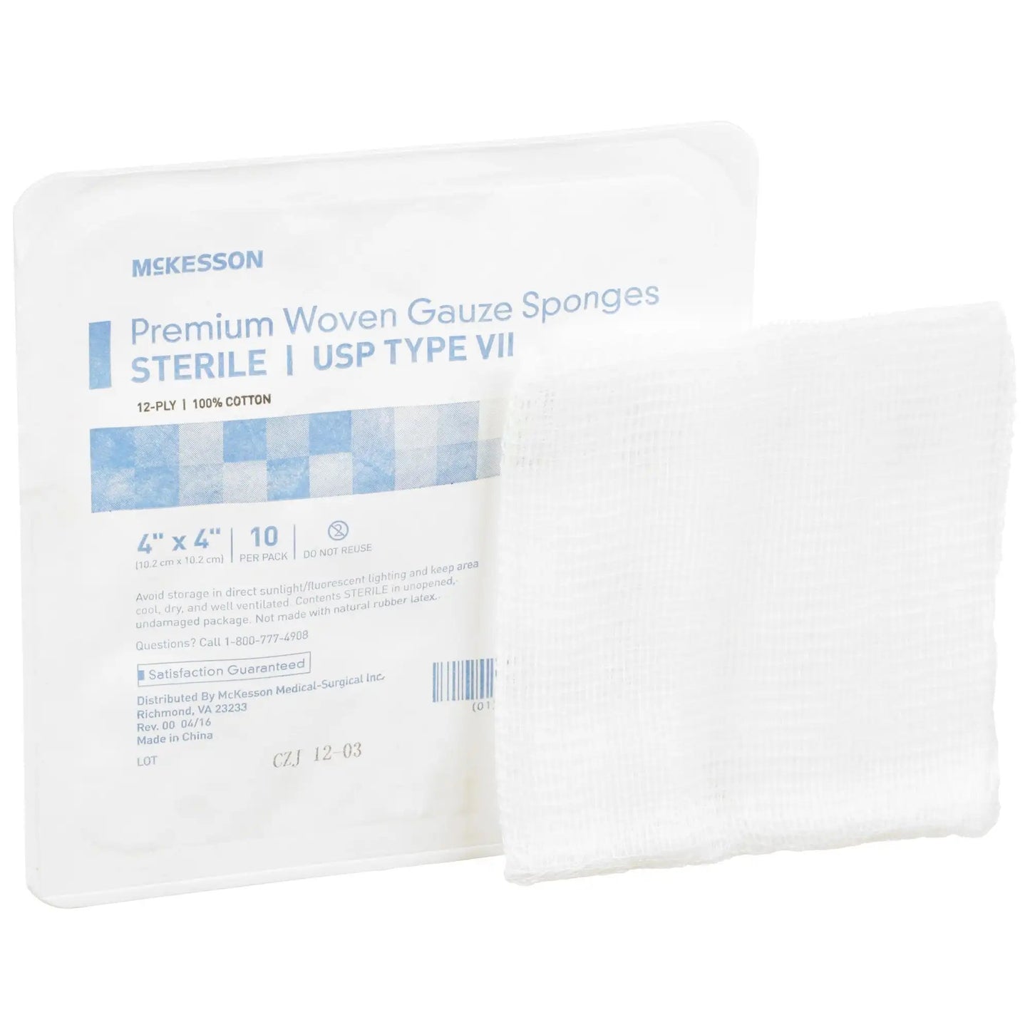 McKesson Sterile USP Type VII Cotton Gauze Sponge, 4 x 4 Inch, 10-Pack