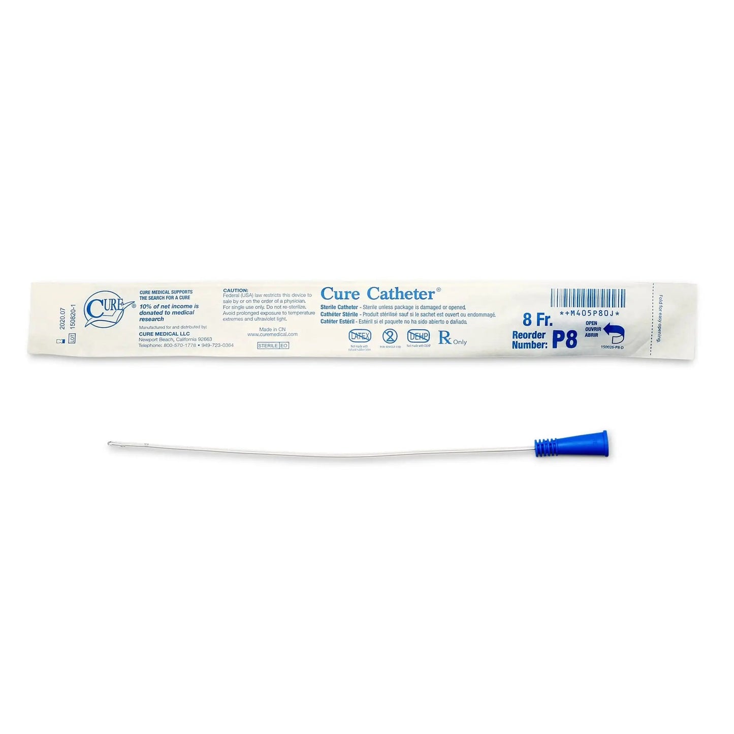 Cure Catheter Urethral Catheter, 8 Fr., Unisex, Straight