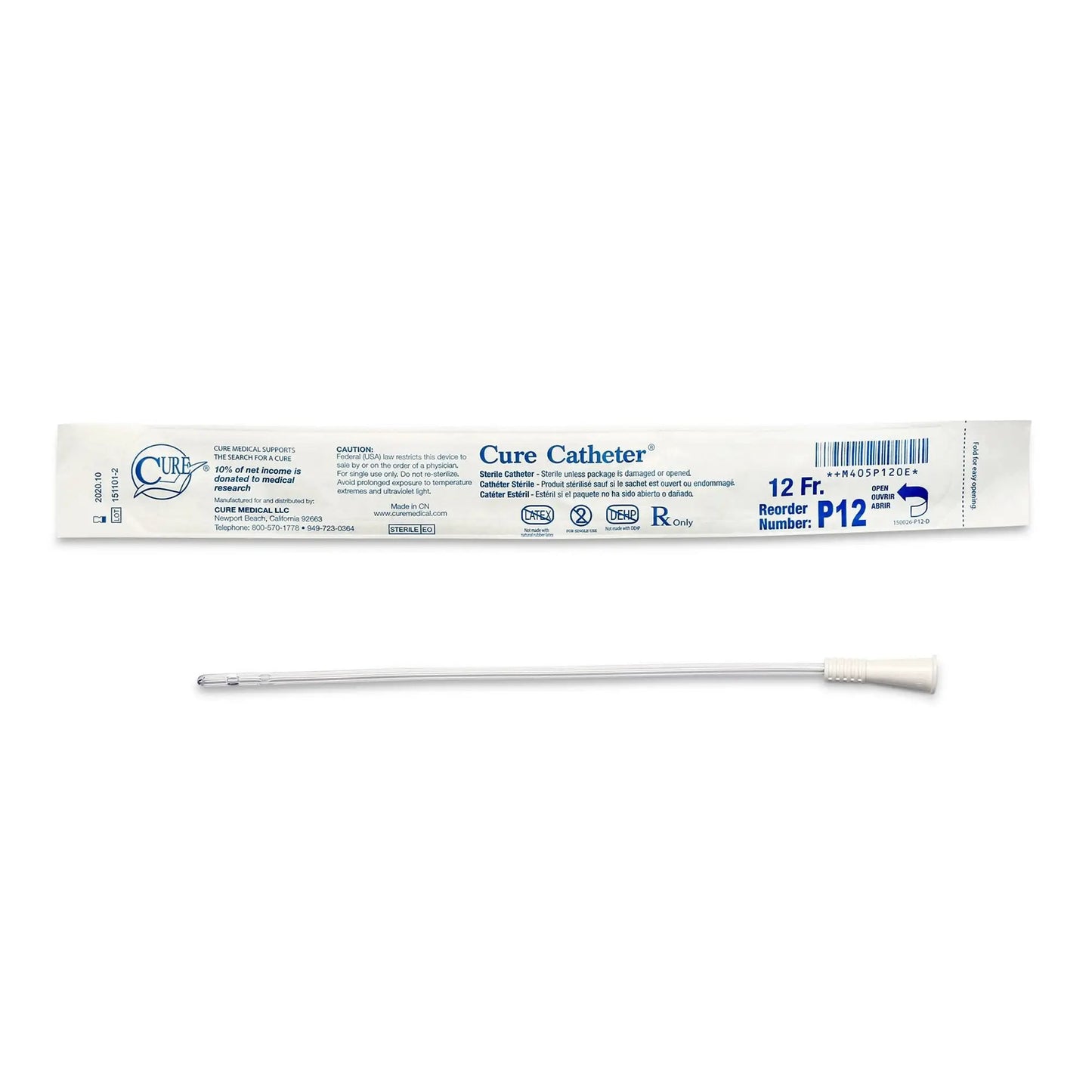 Cure Catheter Urethral Catheter, 12 Fr., Unisex, Straight